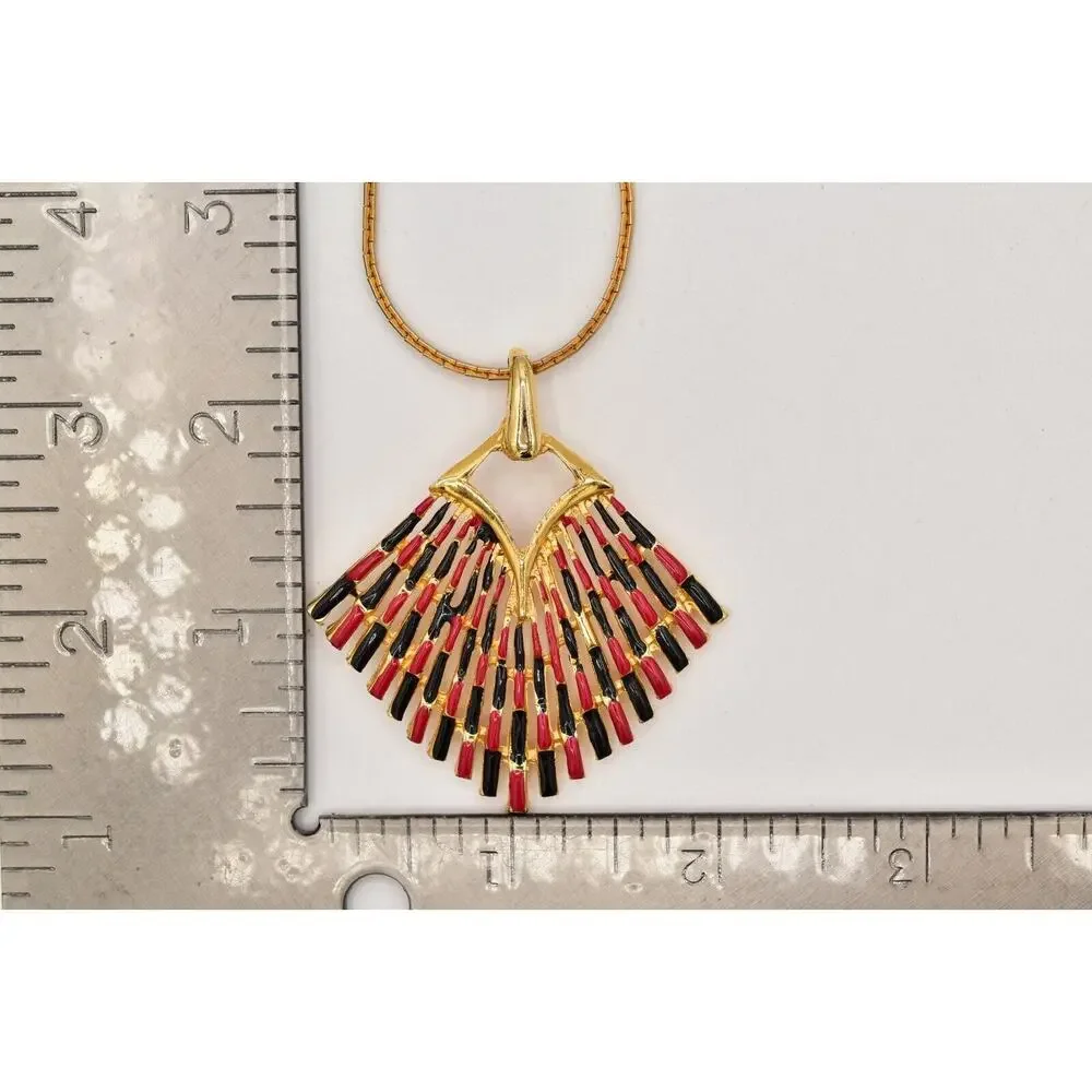 Vintage Pendant Necklace Red Black Enamel Gold Tone Chain Chunky 1980s BinBD